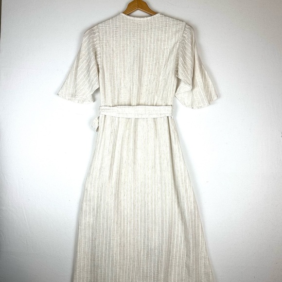 Lu ciee Natural Stripe Linen Blend Wrap Midi Dress Minimalist Classic Chic - Picture 8 of 14